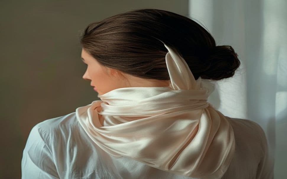 Mulher com cabelo cacheado usando touca de cetim rosa antes de dormir, ao fundo ambiente noturno aconchegante