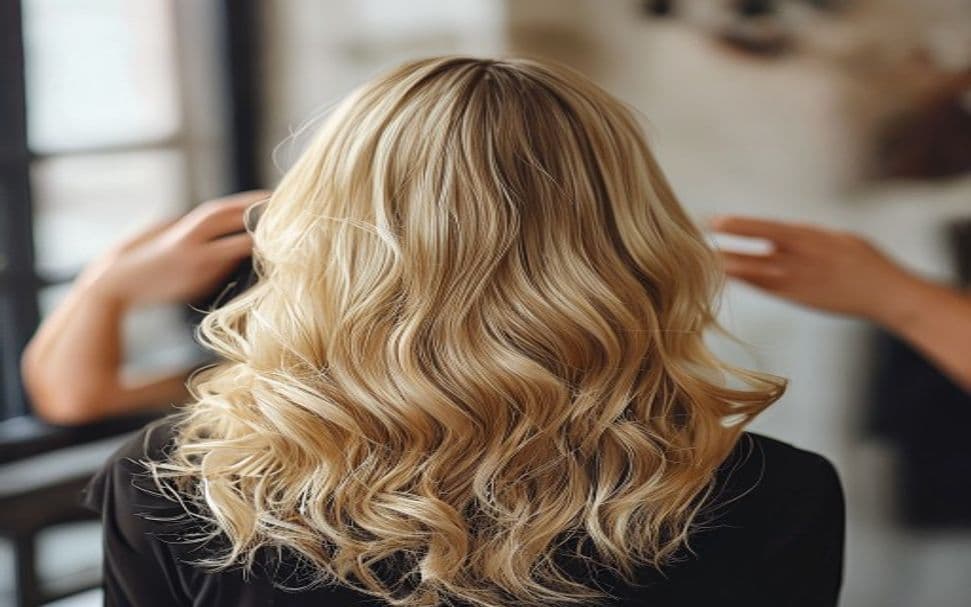 Mulher de pele morena com loiro mel natural, cabelo brilhoso ao sol, estilo salon look